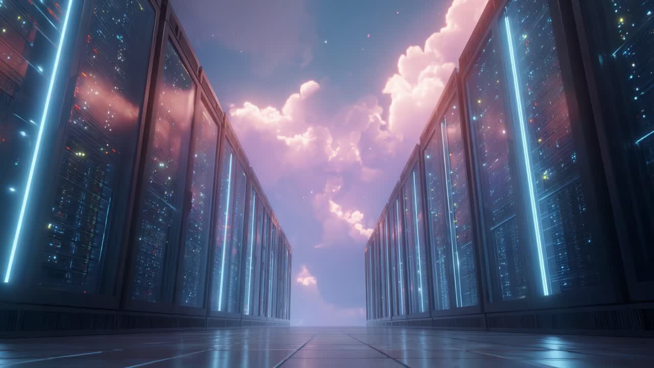 Exploring a Futuristic Data Center: A Visual Journey Through Rows of Servers Under a Surreal Sky, Merging Technology and Beauty in a Digital Landscape