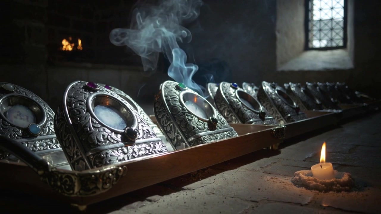 Candela e fuoco nella nicchia che riscaldano cornici di reliquiari ornate sull'altare della cappella, producendo fumo blu che si arriccia.