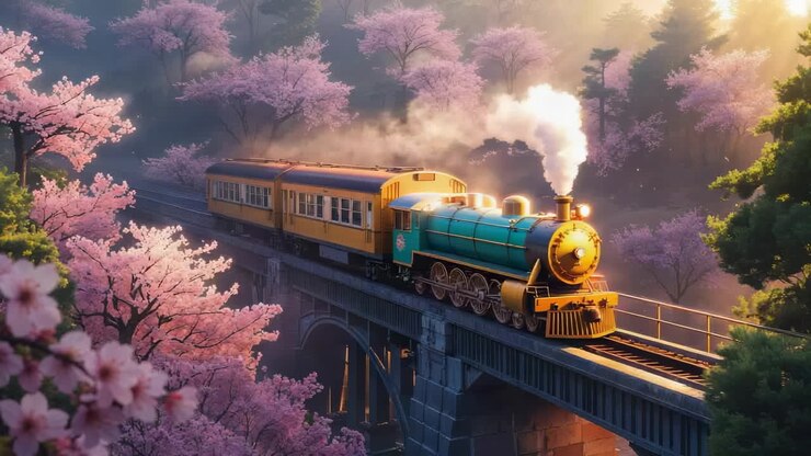 Steam Train Crossing a Bridge Amidst Cherry Blossoms