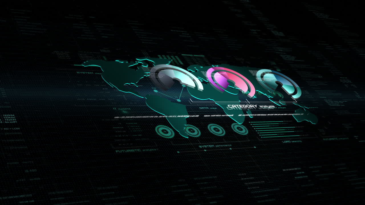 4K futuristisk HUD-animasjon som viser dataanalyse over et glødende verdenskart. Fargerike fremdriftsirkler viser systemytelse og statistikk. Ideell for teknologi-, data- eller infografikkprosjekter.