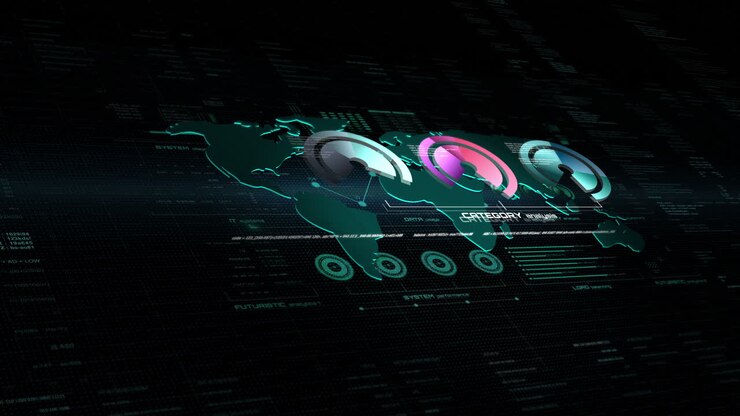 4K futuristic HUD animation showing data analytics over a glowing world map. Colorful progress circles display system performance and statistics. Ideal for tech, data, or infographic projects