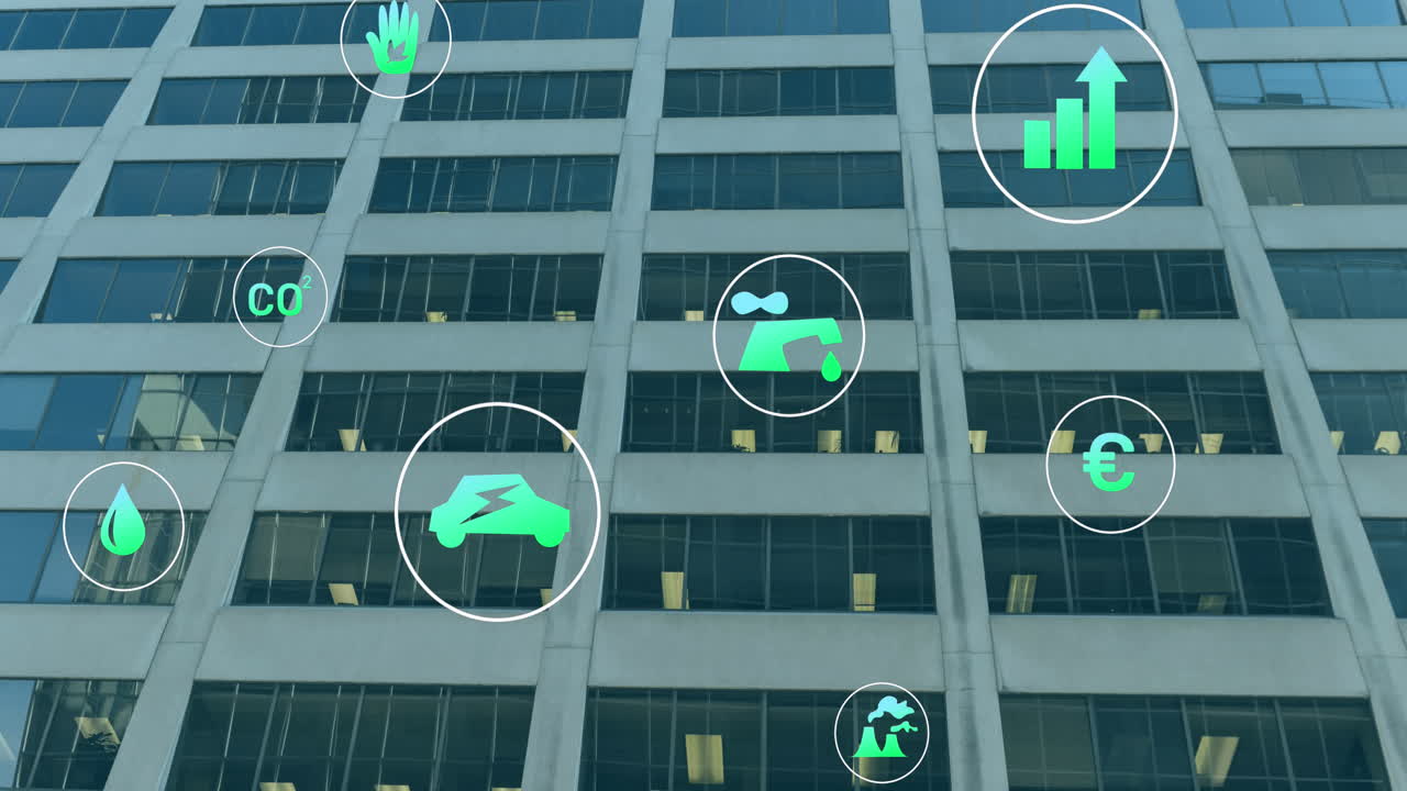 Animation of digital icons over office building