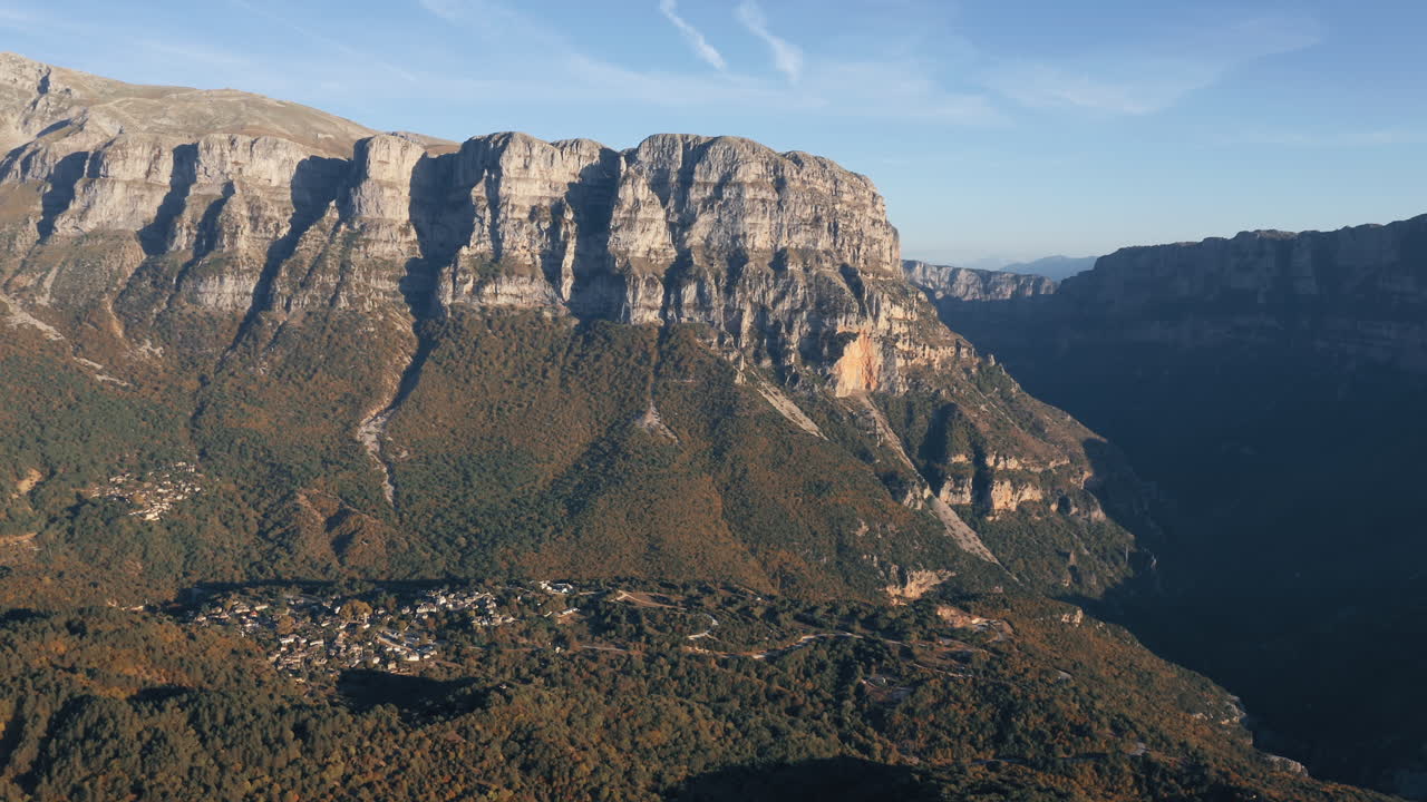 Villaggio di Mikro Papigko a Zagorochoria, Grecia, circondato da imponenti scogliere montane e un paesaggio suggestivo.