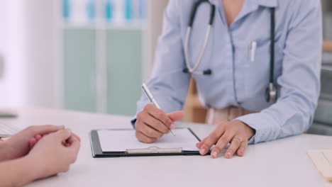 hands, clipboard and health insurance paperwork