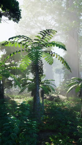 una escena de bosque tropical exuberante con helechos y niebla