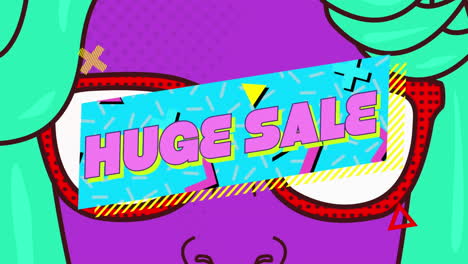 texto de venta enorme en la cara digital con gafas de sol contra un fondo amarillo