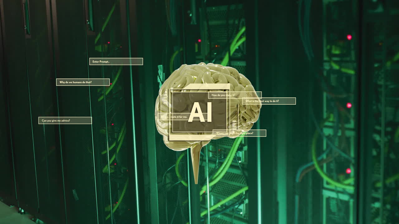 컴퓨터 서버를 통해 문자, 뇌 및 데이터 처리의 애니메이션