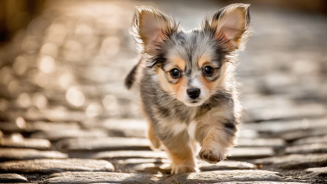 Adorable Puppy Running on Cobblestone Path, Capturing the Joy and Playfulness of a Young Dog's Adventures in a Sunlit Setting