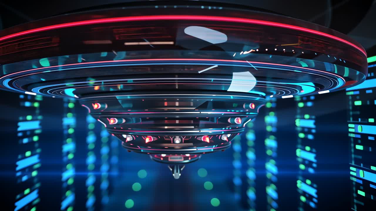 Materializing multi-tiered rings starting rotation in data center, pulsing red rim and rack LEDs