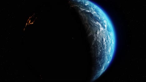closeup view of blue earth space at night and day lights on planet