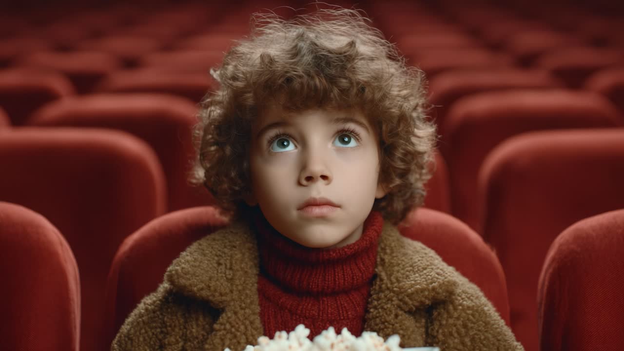 A Curious Child Enjoys a Movie Experience: Captivated and Eager in a Theater with Popcorn, Surrounded by Empty Red Seats