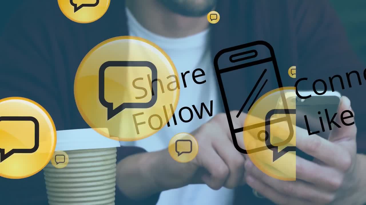 Animation of media icons over caucasian man using smartphone