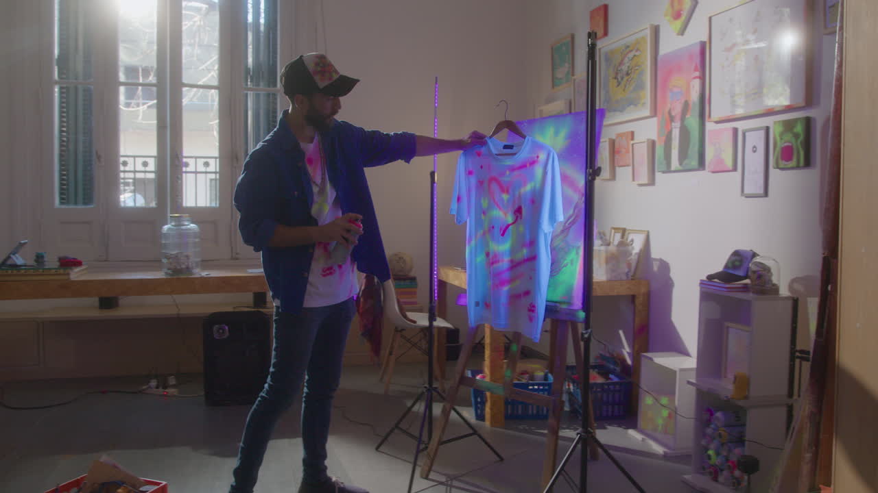 Male Designer Spraying Glow Paint on T-Shirt in Art Studio