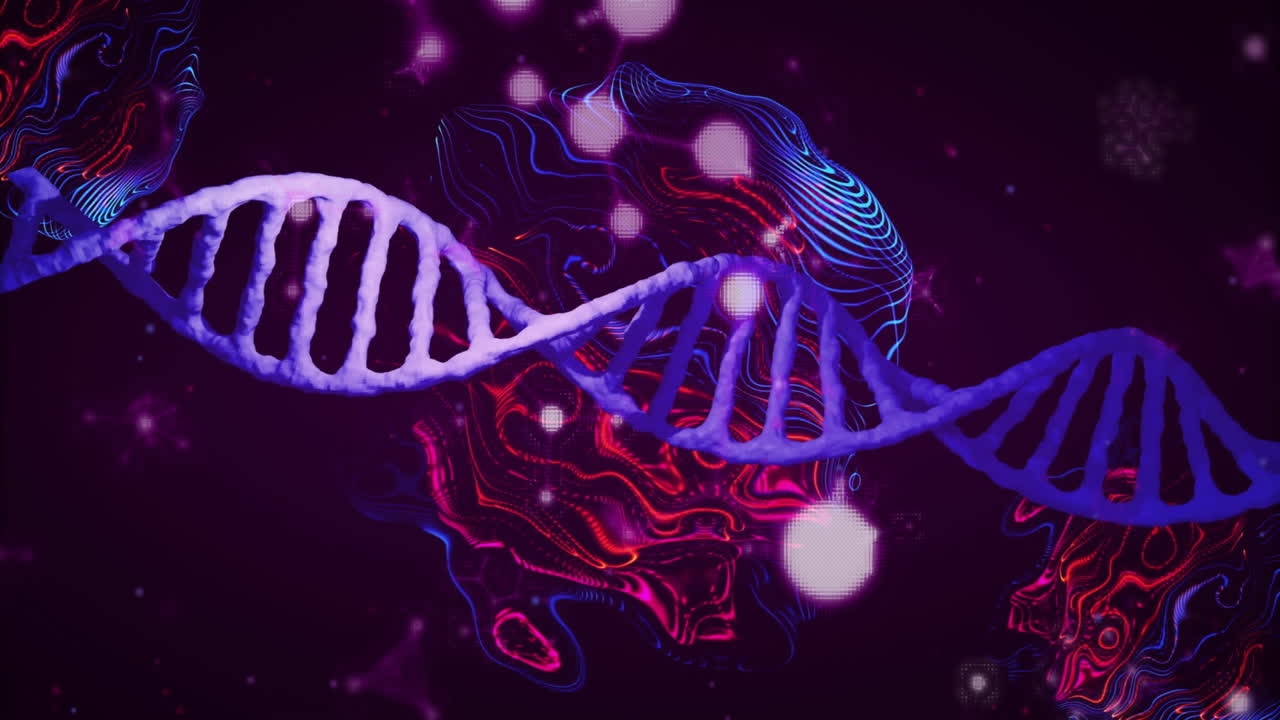 animación de moléculas flotantes y cadena de adn sobre un fondo negro
