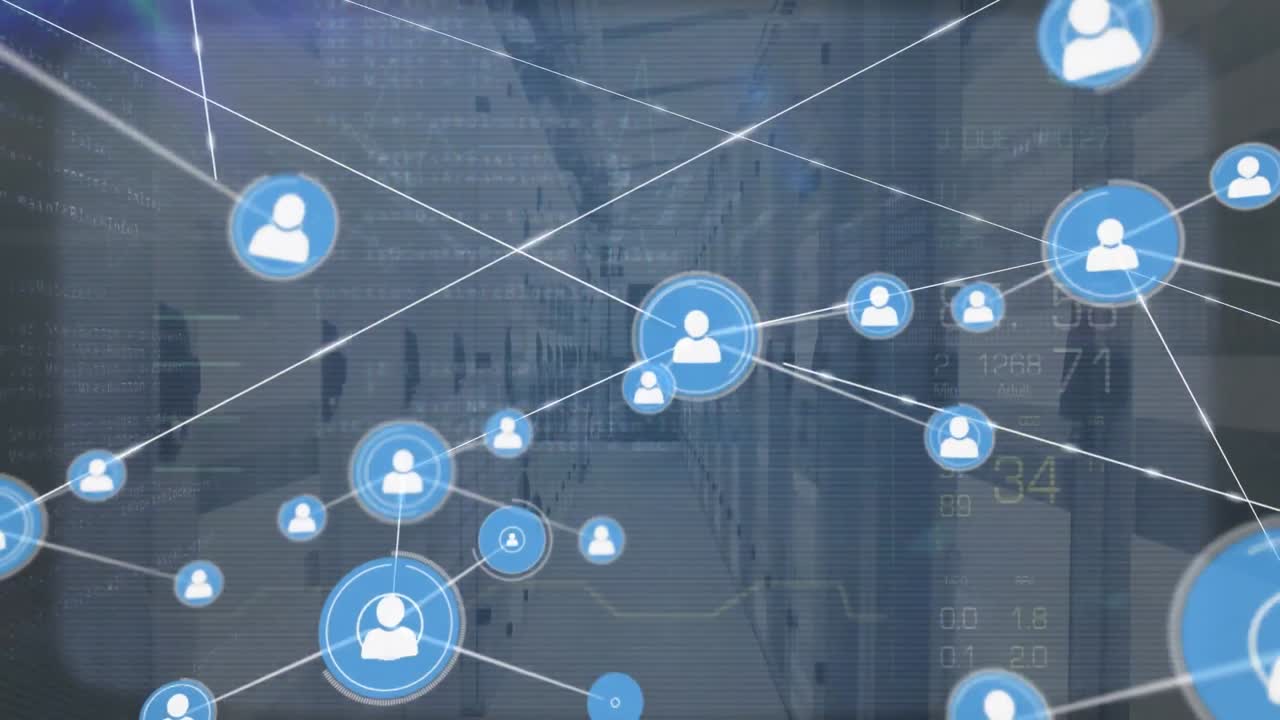 Animazione di una rete di connessioni in una server room