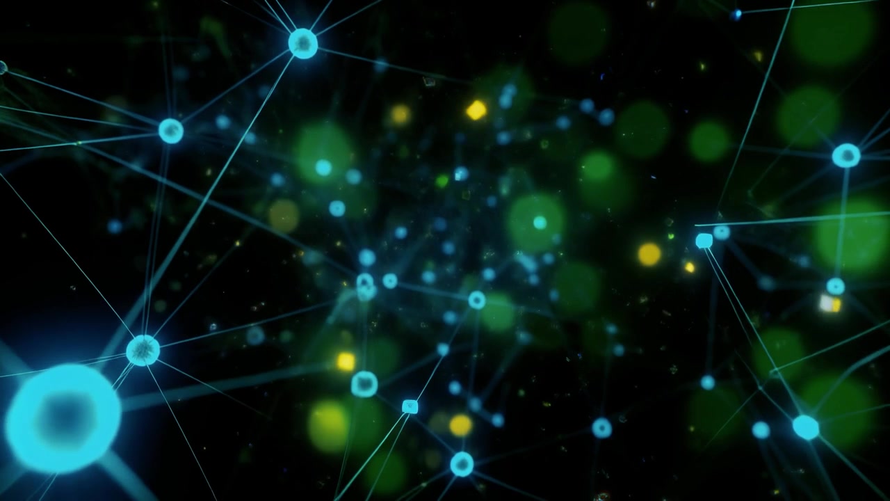 Abstract Digital Network Connection with Glowing Blue Nodes and Green Bokeh