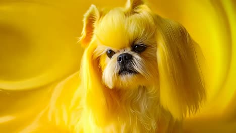 a small dog with long blonde hair sitting in a yellow chair