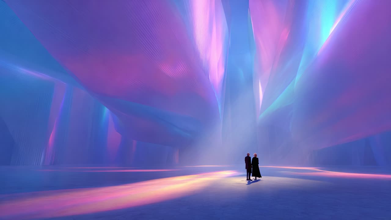 A Captivating Scene of Two Silhouetted Figures in a Translucent, Ethereal Space Illuminated by Striking Shades of Pink, Blue, and Purple Light, Evoking a Dreamlike Atmosphere