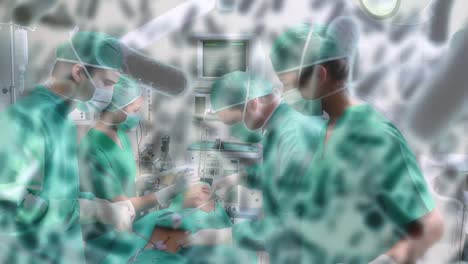 Animation-of-covid-19-cells-over-diverse-surgeons-wearing-face-masks-in-operating-theatre