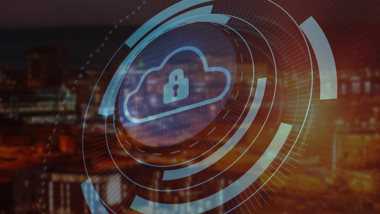 Animation of cloud with padlock icon digital data processing over cityscape