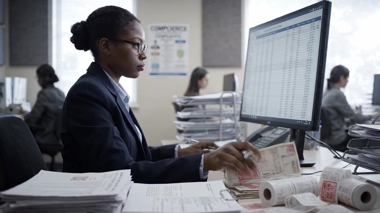 Professionnel concentré analysant des données sur un ordinateur à un bureau de travail animé, entouré de piles de documents et de plusieurs moniteurs affichant des informations complexes.