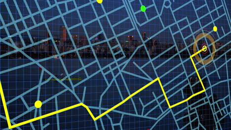 esquema de la línea de navegación del mapa contra la vista del paisaje urbano por la noche en el fondo