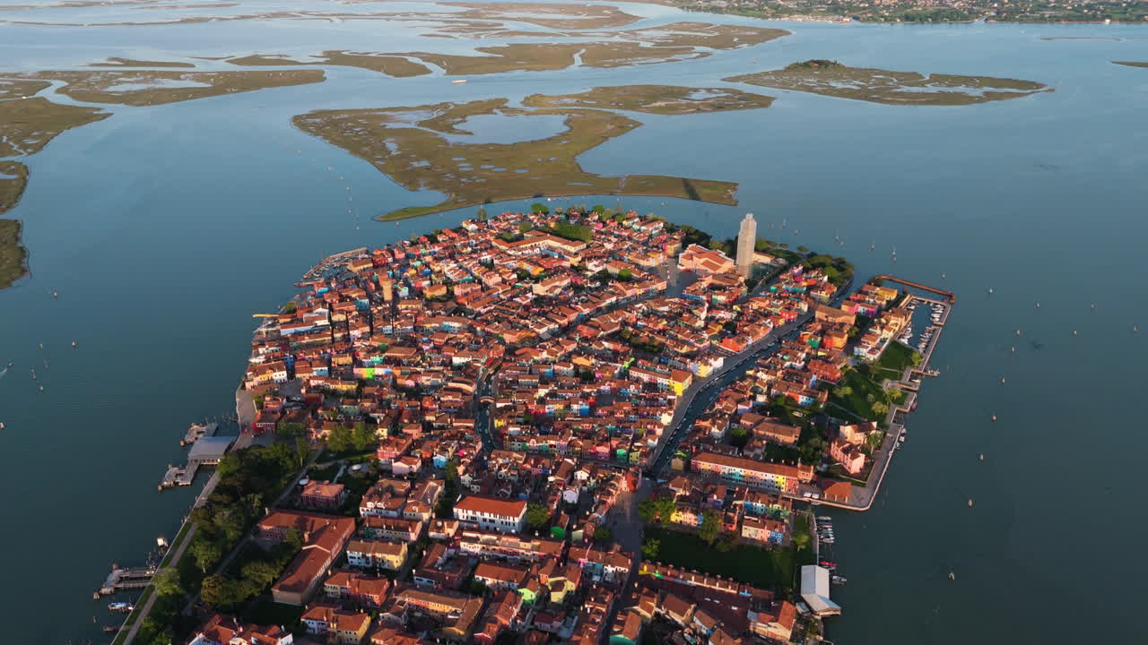 Islands Near Burano With Colorful Painted Houses In Sunset In Venice, Italy. - aerial shot