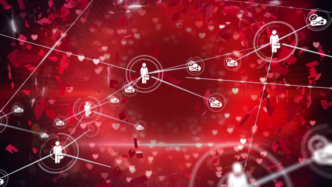 빨간색 배경 위에 폭발하는 심장 위에 선으로 연결된 아이콘의 애니메이션