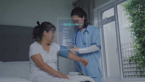 animation of data processing over asian female doctor and patient in hospital