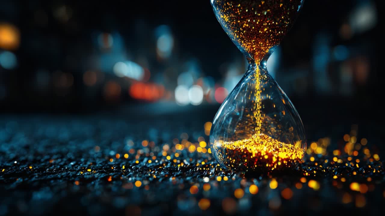 A mesmerizing hourglass captures the essence of time passing, with enchanting golden particles cascading through its glass structure, evoking feelings of wonder and reflection