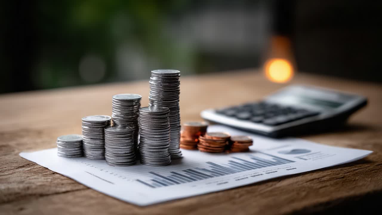 A Close-Up View of Stacked Coins and a Calculator on a Financial Document, Illustrating Money Management and Economic Analysis in a Modern Workspace