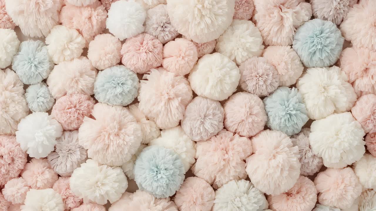 Playback starting camera panning across studio revealing pastel yarn pom-poms showing soft texture
