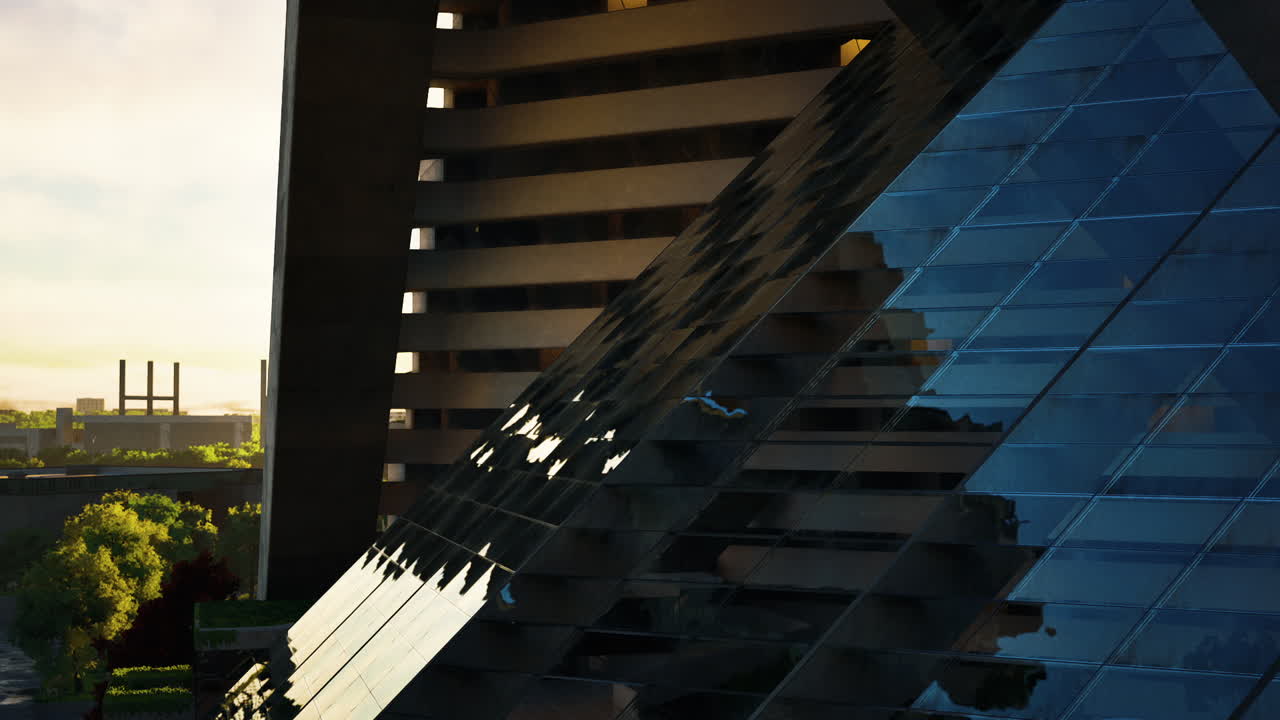 Diseño arquitectónico moderno con estructuras de vidrio y hormigón al atardecer