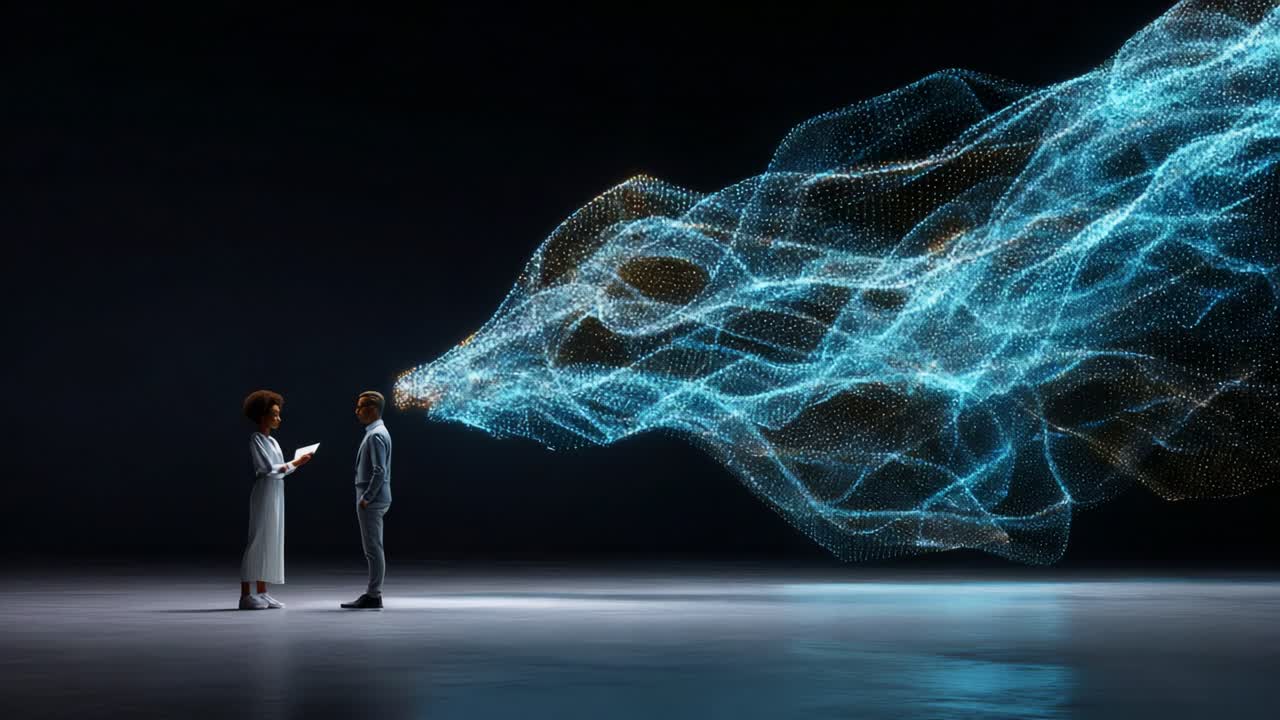 Capturing the Essence of Digital Communication: A Moment of Connection Between Two Individuals Engaged in a Thought-Provoking Dialogue Enhanced by Futuristic Visuals