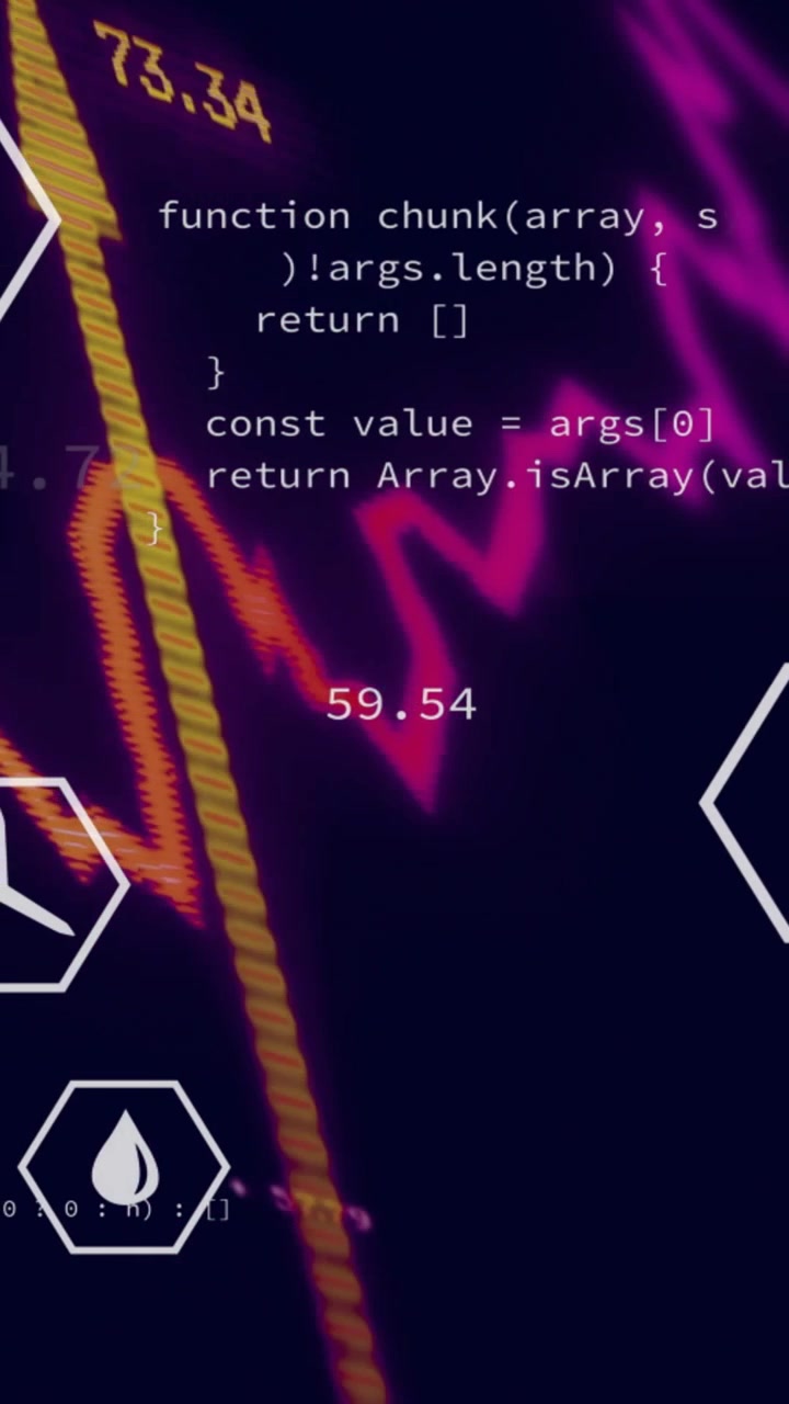 Vertical video: Code appearing, neon waves pulsing at HUD, showing yellow column, hex icons