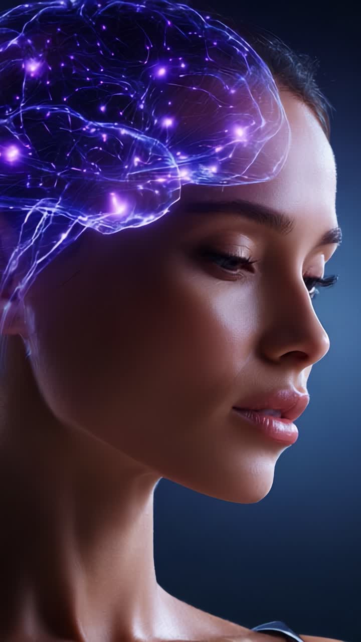 A Close-Up of a Woman's Face with an Illumination of a Brain, Showcasing the Wonders of Cognitive Science and the Connection Between Mind and Body