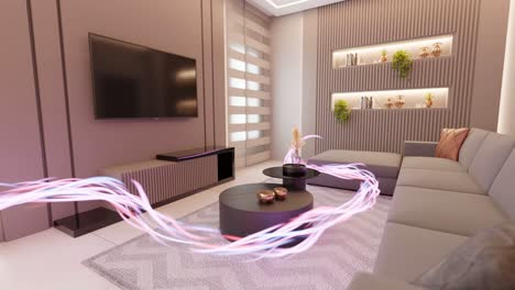 energy flowing in modern living room apartment 3d rendering animation