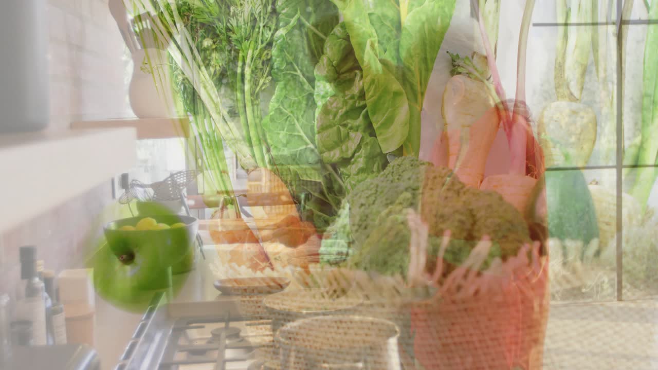 Man and woman placing basket on counter, rinsing vegetables, chopping and sauteing for healthy meal