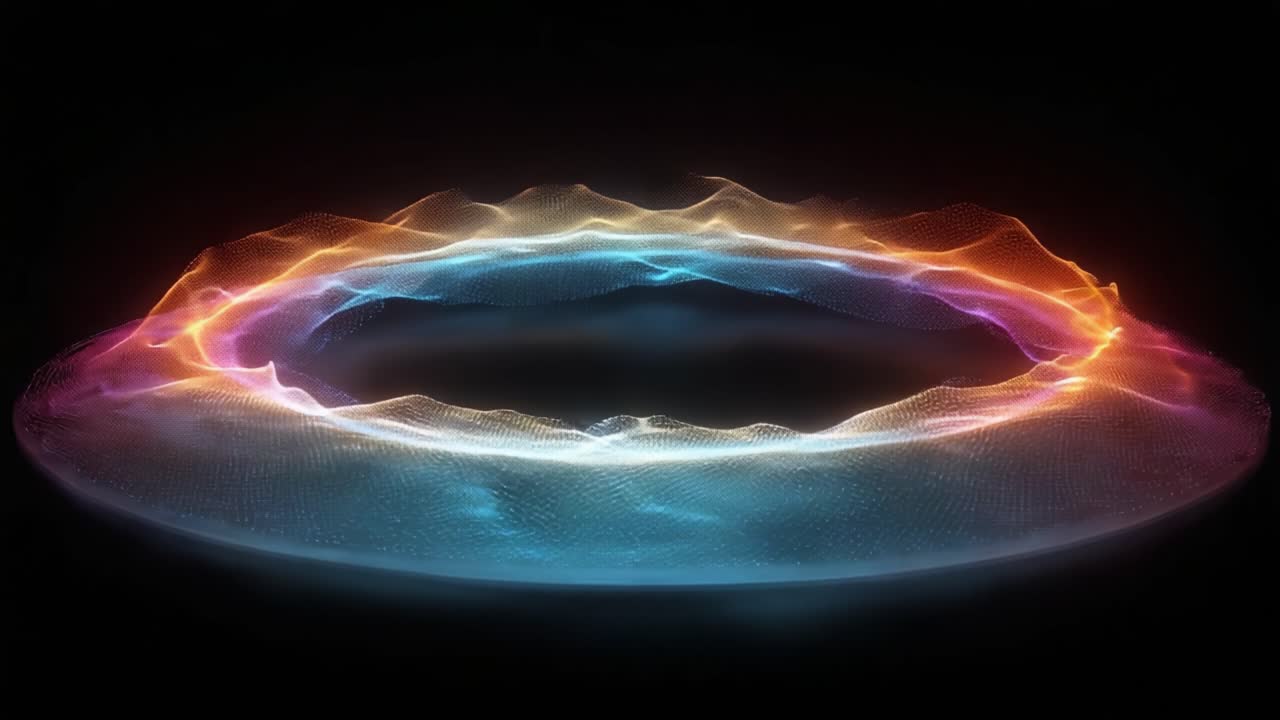 A mesmerizing display of vibrant light waves forming a dynamic circular pattern, showcasing the beauty of digital art and the infinite possibilities of creativity in motion