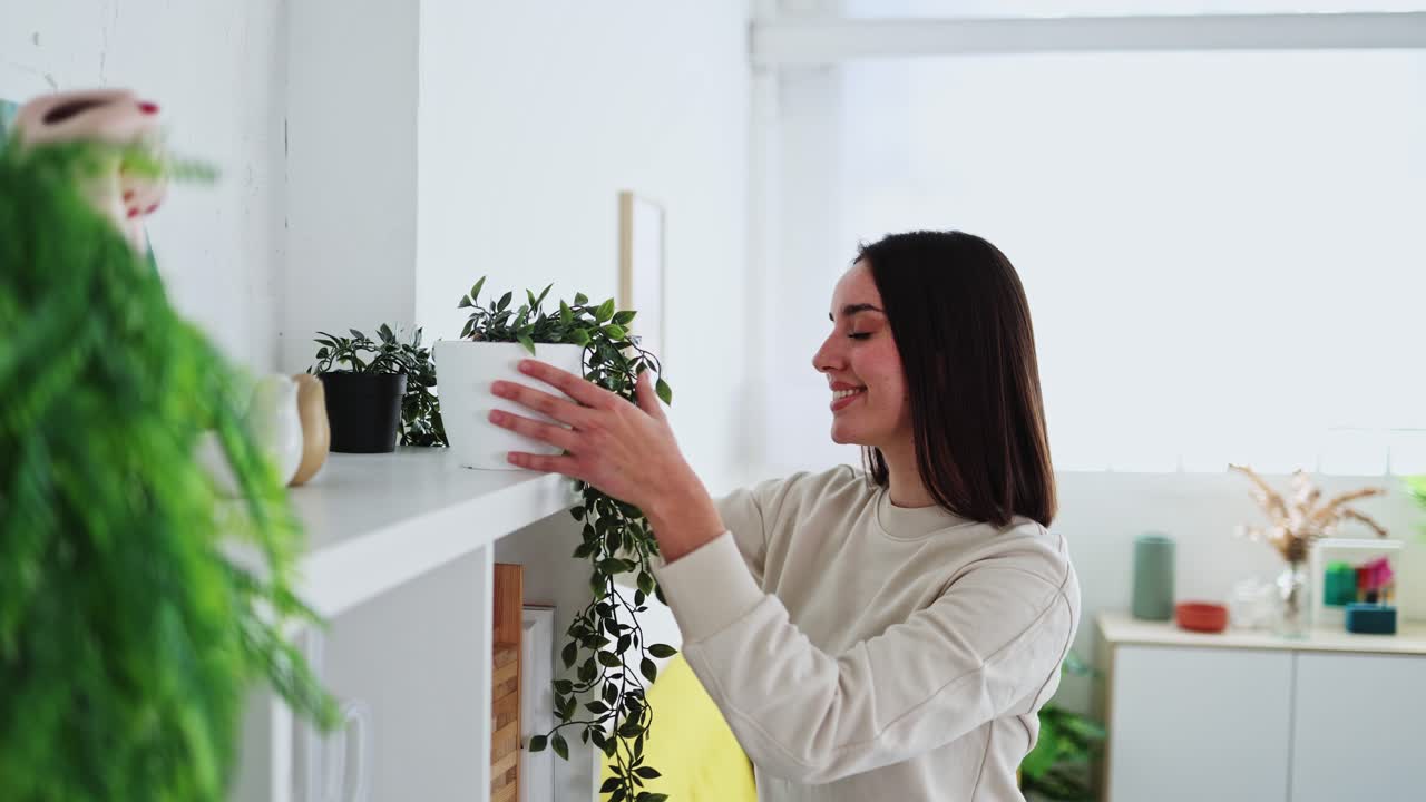 Giovane donna che sistema felicemente piante e decorazioni su una mensola