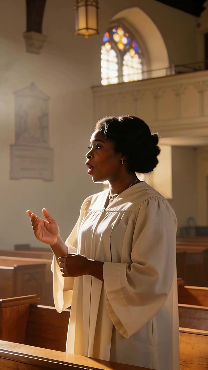 Vertical video: Singing woman in choir robe opening hand and leading hymn under sunbeams in church