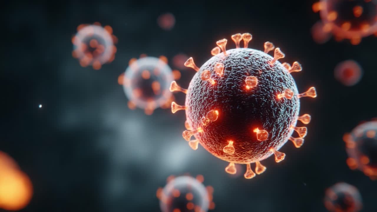 Visualizzazione dettagliata di particelle virali catturate con incredibile precisione, mostrando la loro struttura e complessità su uno sfondo scuro per lo studio scientifico.