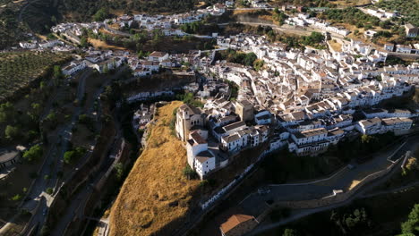 white village of setenil de las bodegas in andalusia region, spain - aerial drone shot