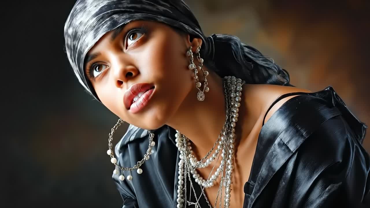 Une femme portant un t-shirt noir et un turban argenté