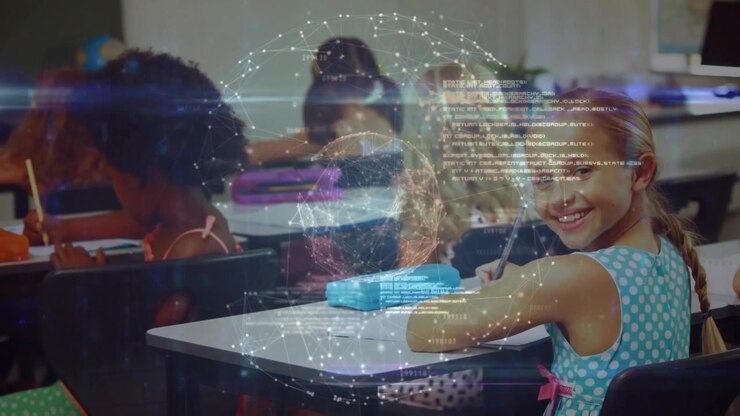 Digital lesson starting, class writing, braided girl pausing smiling while globe overlay appearing