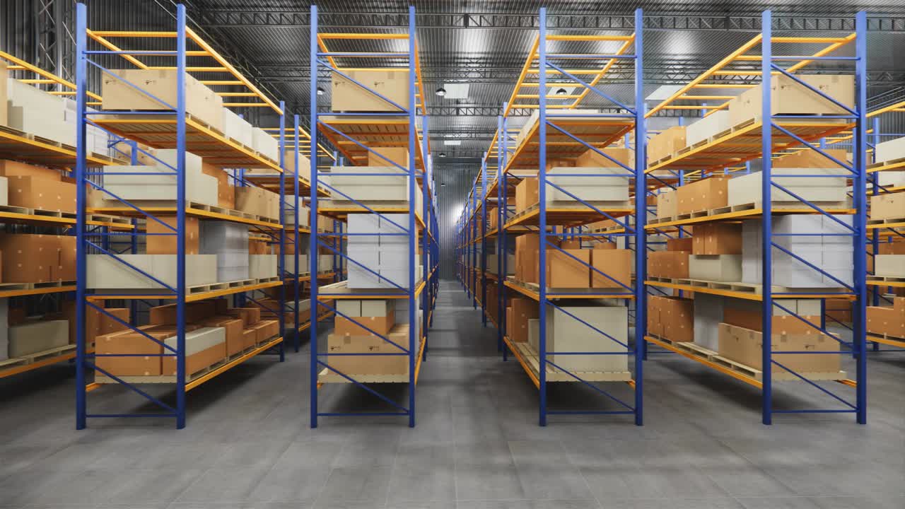 almacén con cajas de cartón en el interior en estantes de paletas, centro logístico. loft almacén moderno. cajas de cardboard en una cinta transportadora en un almacén, animación de renderización 4k 3d.