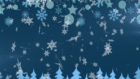 Animación-Digital-De-Copos-De-Nieve-Cayendo-Sobre-Adornos-Navideños-Colgando-Y-Varios-árboles-En-Blu.