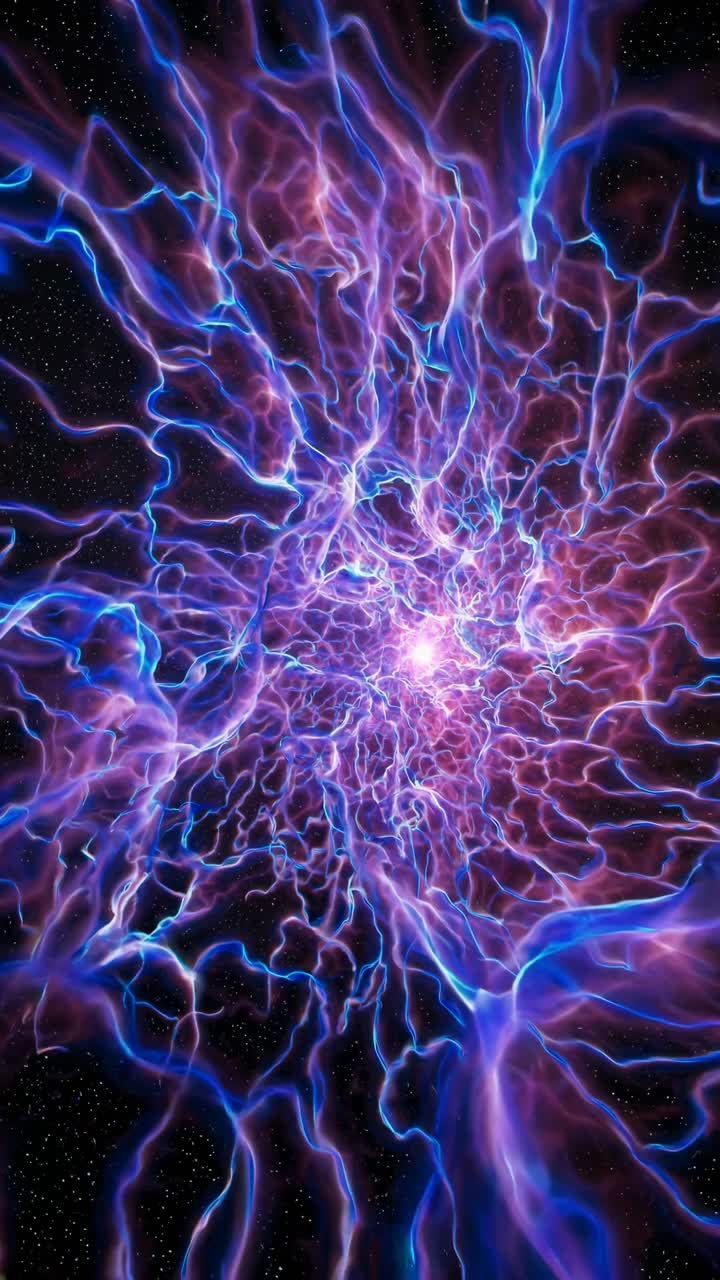 Dynamic video concept of vibrant purple and blue energy streams, captured from a central angle