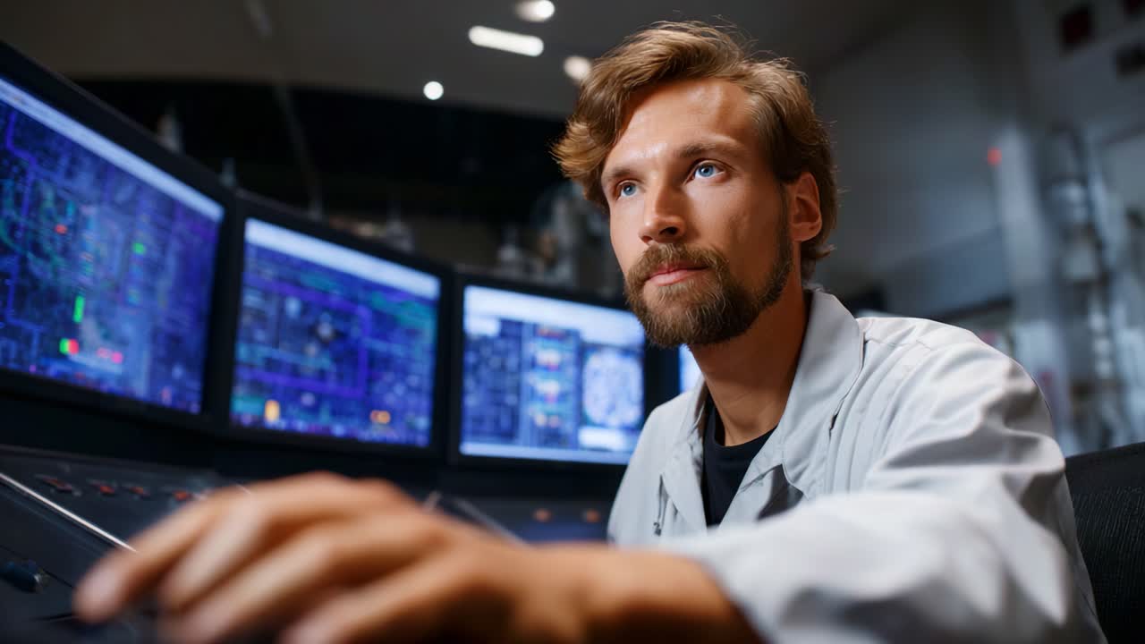 Fokuseret ingeniør overvåger avancerede kontrolpaneler i et højteknologisk anlæg, der viser koncentration, ekspertise og kompleksiteten af moderne teknologioperationer