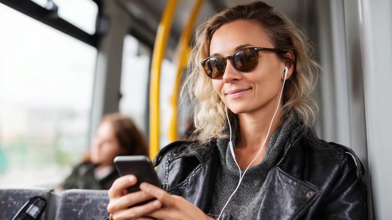 A young woman wearing sunglasses enjoys listening to music on her smartphone while traveling on a bus, highlighting the joy of urban commuting and personal moments